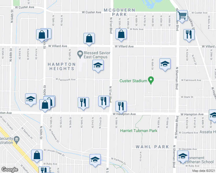 map of restaurants, bars, coffee shops, grocery stores, and more near 4921 North 51st Boulevard in Milwaukee