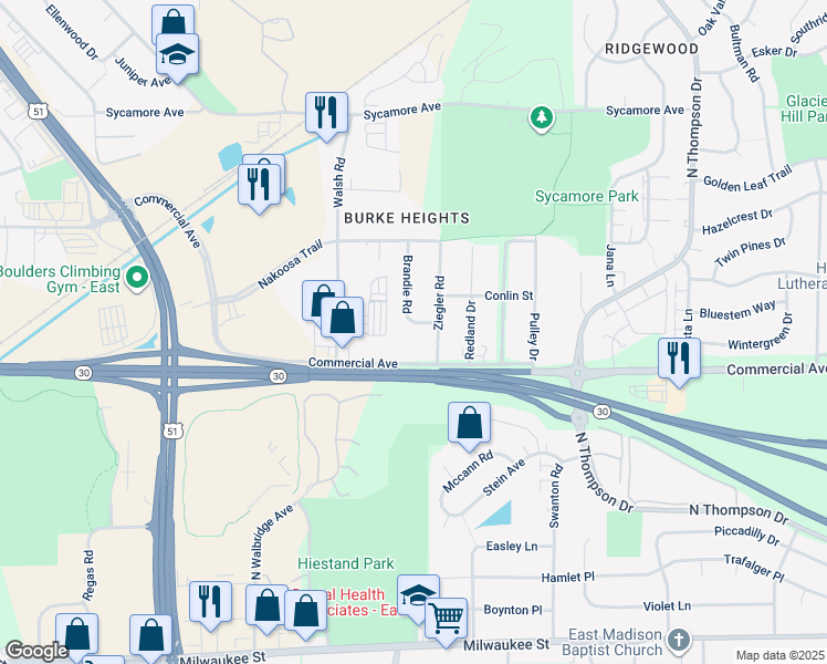 map of restaurants, bars, coffee shops, grocery stores, and more near 4244 Commercial Avenue in Madison
