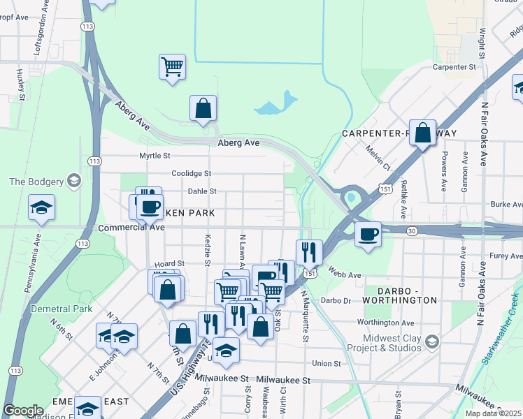 map of restaurants, bars, coffee shops, grocery stores, and more near 2818 Commercial Avenue in Madison