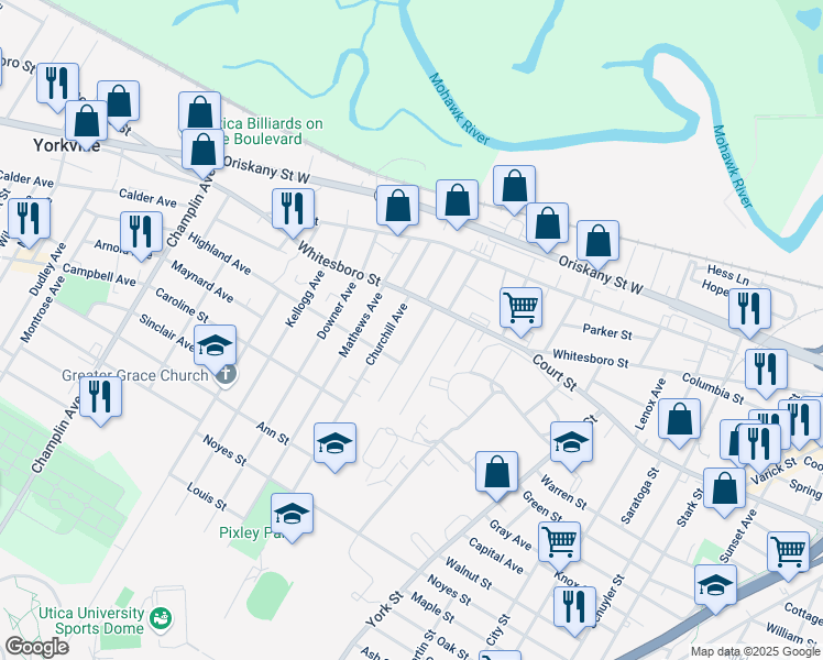 map of restaurants, bars, coffee shops, grocery stores, and more near 934 Brayton Park Place in Utica