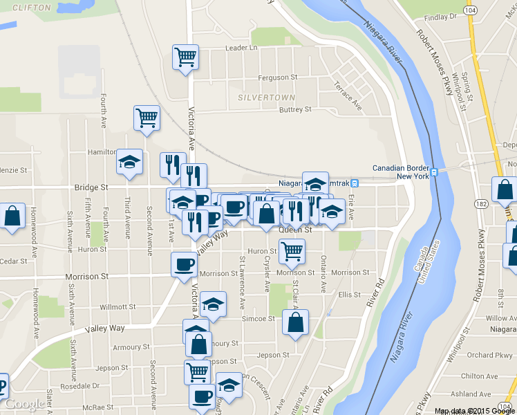 map of restaurants, bars, coffee shops, grocery stores, and more near 4593 Park Street in Niagara Falls