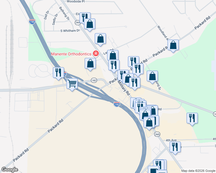 map of restaurants, bars, coffee shops, grocery stores, and more near 2590 Military Road in Niagara Falls