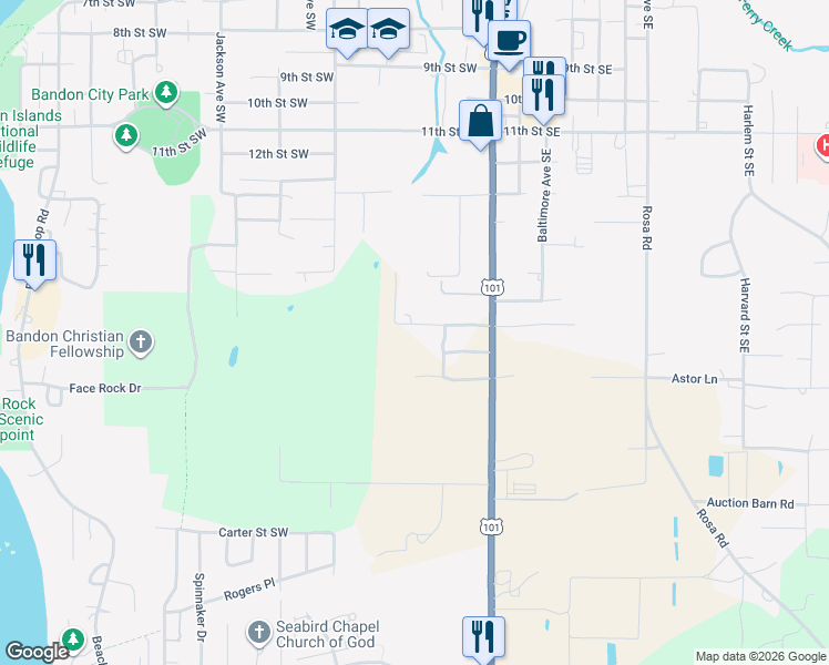 map of restaurants, bars, coffee shops, grocery stores, and more near 87522 18th Street Southwest in Bandon