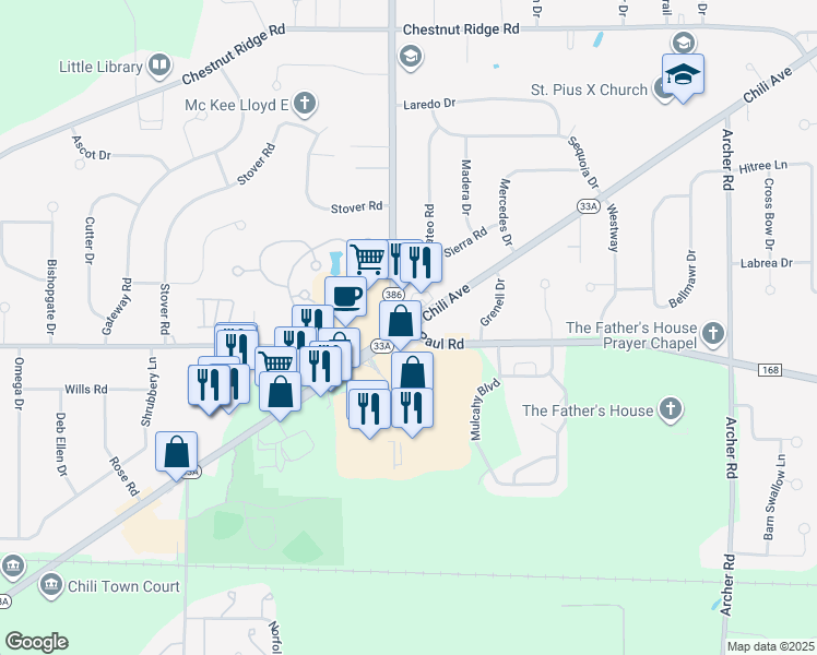 map of restaurants, bars, coffee shops, grocery stores, and more near Chili Ave & Chili Center Coldwater Rd in Monroe
