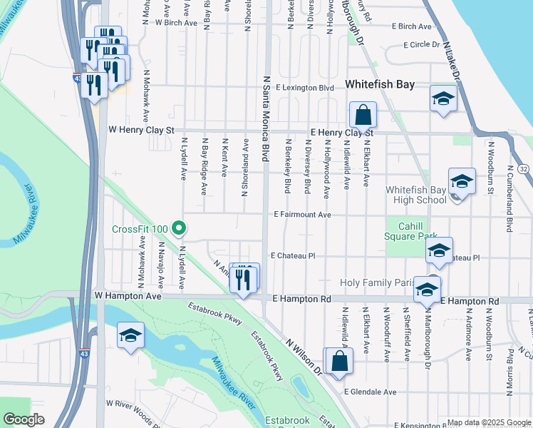 map of restaurants, bars, coffee shops, grocery stores, and more near N Santa Monica Blvd & E Fairmount Ave in Whitefish Bay
