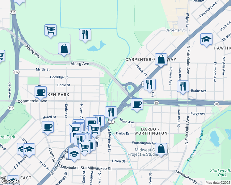 map of restaurants, bars, coffee shops, grocery stores, and more near 709 McCormick Avenue in Madison