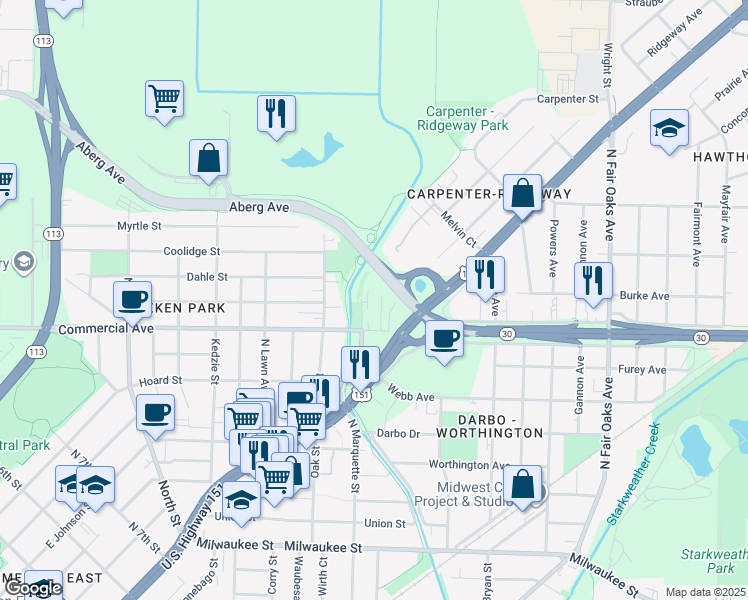 map of restaurants, bars, coffee shops, grocery stores, and more near 709 McCormick Avenue in Madison
