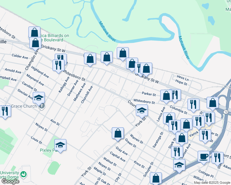 map of restaurants, bars, coffee shops, grocery stores, and more near 1508 Whitesboro Street in Utica