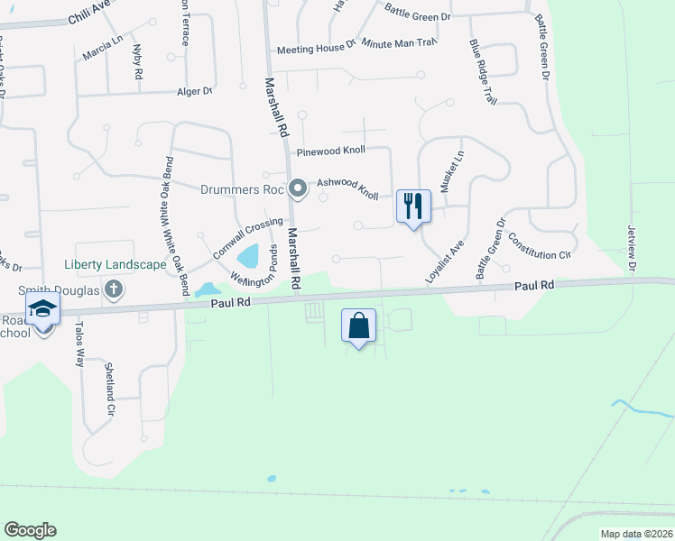 map of restaurants, bars, coffee shops, grocery stores, and more near 442 Paul Road in Rochester