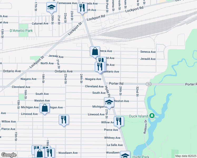 map of restaurants, bars, coffee shops, grocery stores, and more near 2476 Cleveland Avenue in Niagara Falls