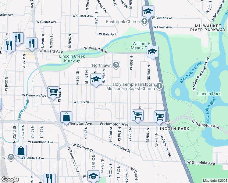 map of restaurants, bars, coffee shops, grocery stores, and more near 4918 North 22nd Street in Milwaukee