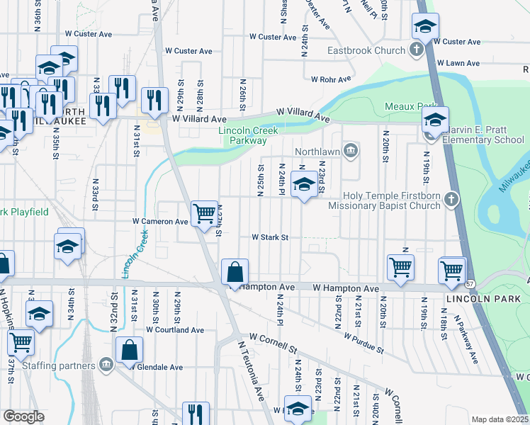 map of restaurants, bars, coffee shops, grocery stores, and more near 4915 North 24th Place in Milwaukee
