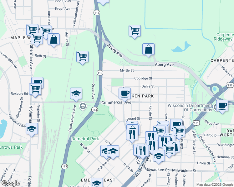 map of restaurants, bars, coffee shops, grocery stores, and more near 2452 Commercial Avenue in Madison