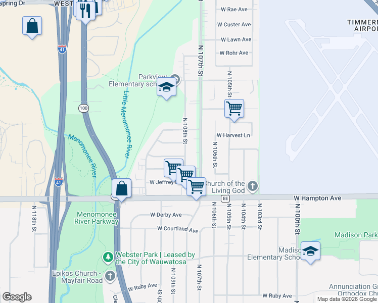 map of restaurants, bars, coffee shops, grocery stores, and more near 4912 North 108th Street in Milwaukee