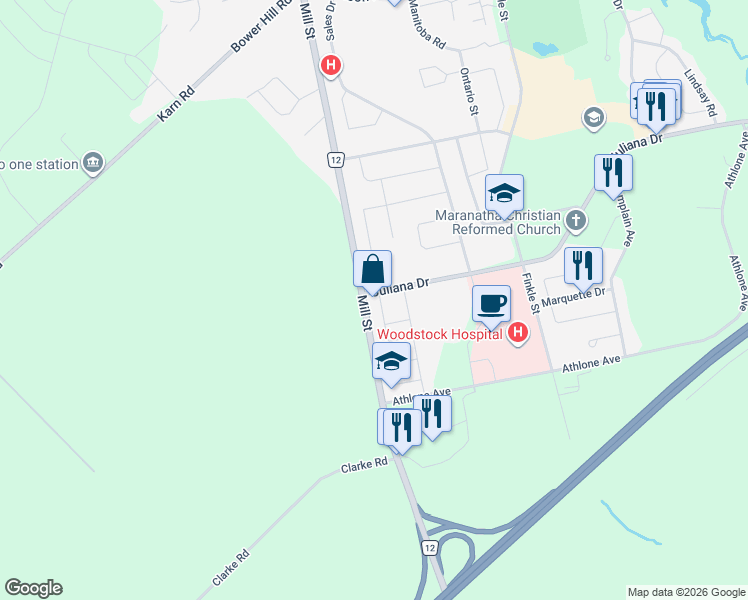 map of restaurants, bars, coffee shops, grocery stores, and more near 693 Southwood Way in Woodstock