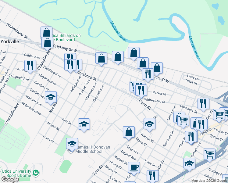 map of restaurants, bars, coffee shops, grocery stores, and more near 919 Cherry Street in Utica