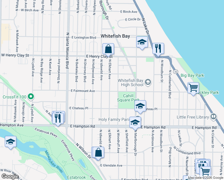 map of restaurants, bars, coffee shops, grocery stores, and more near 4953 North Woodruff Avenue in Whitefish Bay