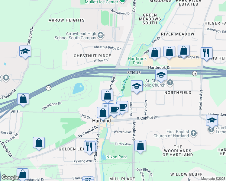 map of restaurants, bars, coffee shops, grocery stores, and more near 318 North Avenue in Hartland