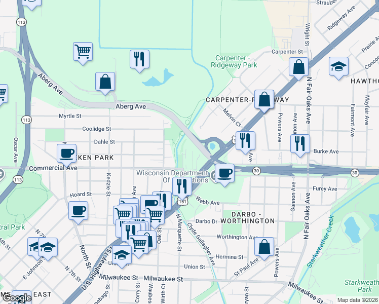 map of restaurants, bars, coffee shops, grocery stores, and more near 711 McCormick Avenue in Madison