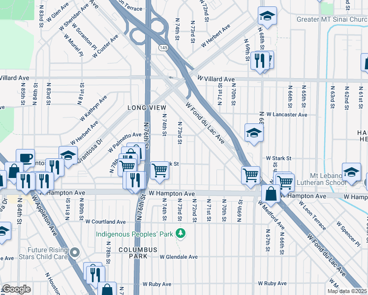 map of restaurants, bars, coffee shops, grocery stores, and more near 4977 North 73rd Street in Milwaukee