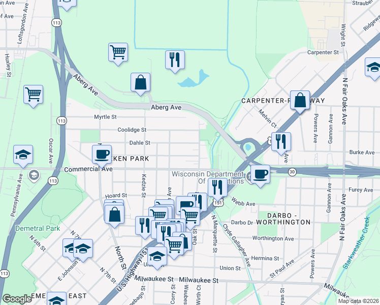 map of restaurants, bars, coffee shops, grocery stores, and more near 2848 Dahle Street in Madison