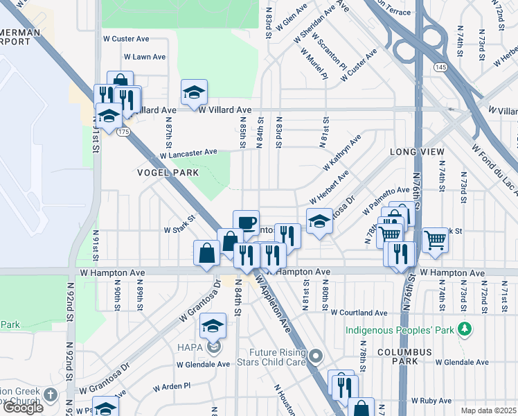 map of restaurants, bars, coffee shops, grocery stores, and more near 4947 North 84th Street in Milwaukee