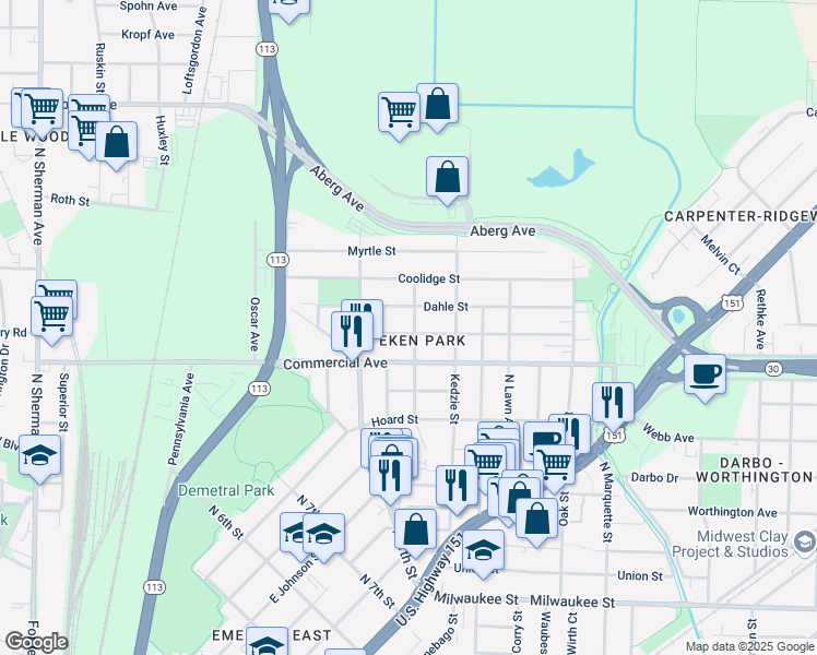 map of restaurants, bars, coffee shops, grocery stores, and more near 2602 Dahle Street in Madison