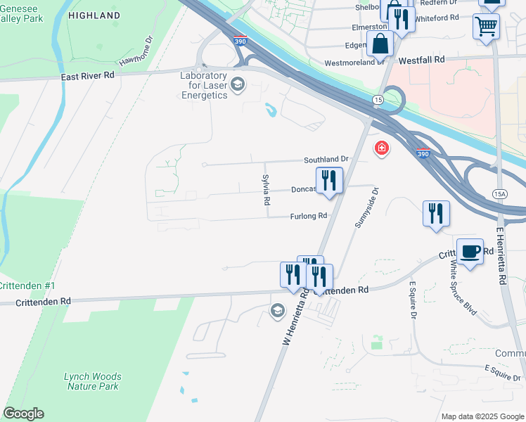 map of restaurants, bars, coffee shops, grocery stores, and more near 120 Furlong Road in Rochester