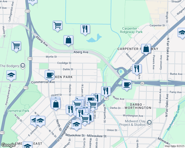 map of restaurants, bars, coffee shops, grocery stores, and more near 2848 Dahle Street in Madison