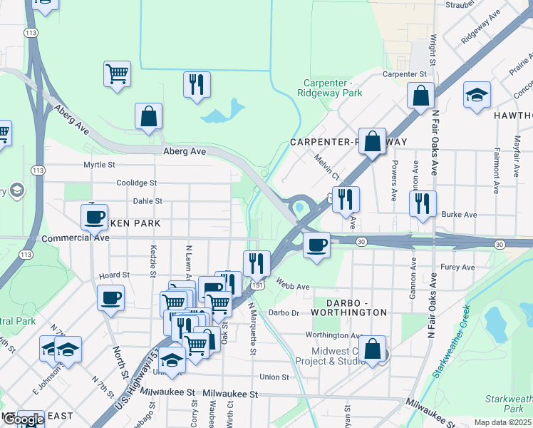map of restaurants, bars, coffee shops, grocery stores, and more near 701 McCormick Avenue in Madison