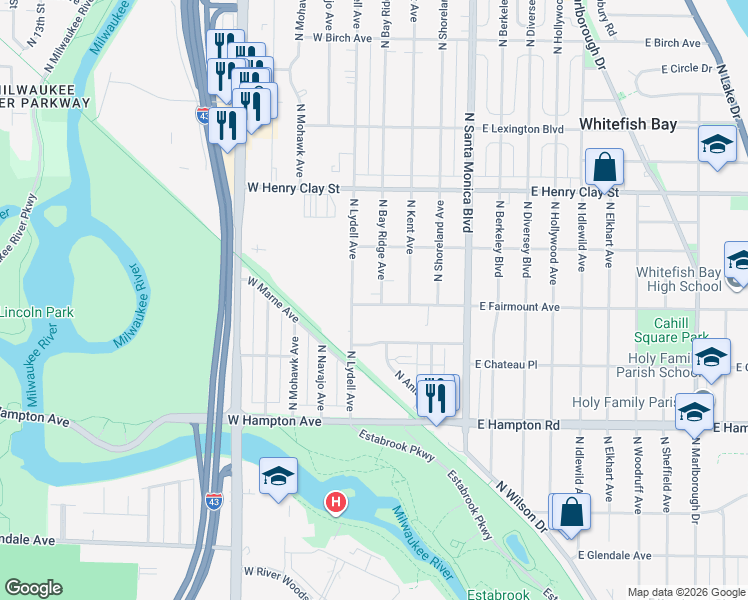 map of restaurants, bars, coffee shops, grocery stores, and more near 5034 North Bay Ridge Avenue in Whitefish Bay