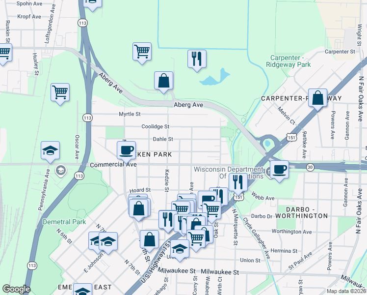 map of restaurants, bars, coffee shops, grocery stores, and more near 2730 Dahle Street in Madison