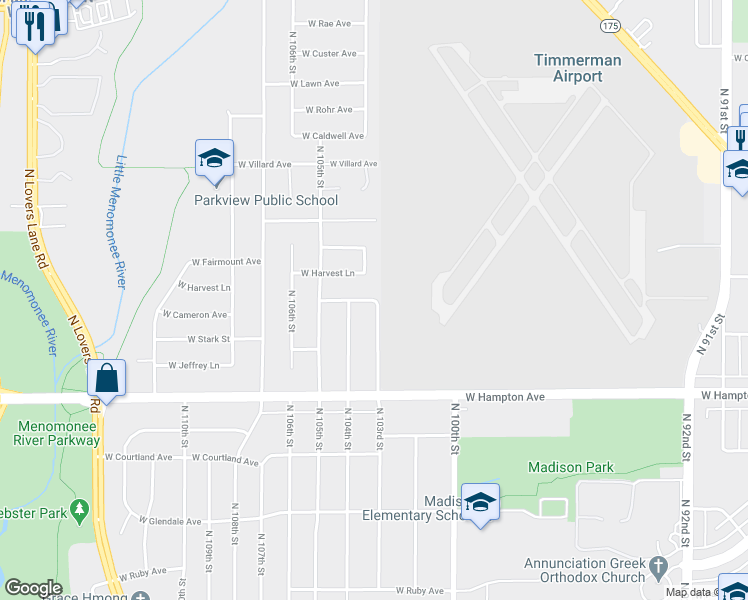 map of restaurants, bars, coffee shops, grocery stores, and more near 10182 W Cameron Ave in Milwaukee