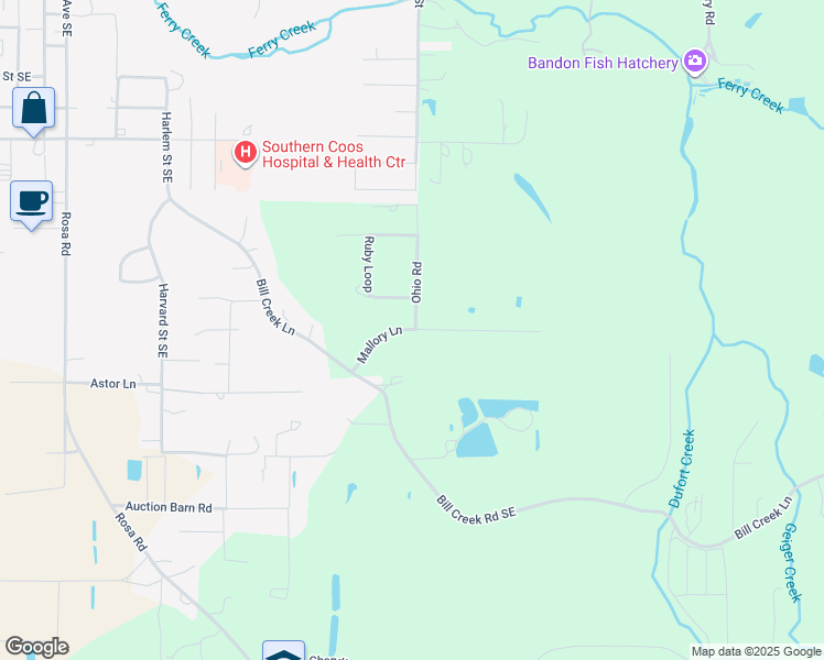 map of restaurants, bars, coffee shops, grocery stores, and more near 88163 Mallory Lane in Bandon