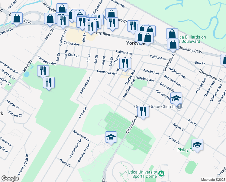map of restaurants, bars, coffee shops, grocery stores, and more near 50 Myers Avenue in Yorkville