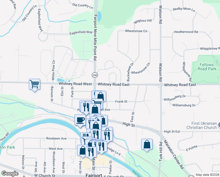 map of restaurants, bars, coffee shops, grocery stores, and more near 1037 Whitney Road East in Fairport
