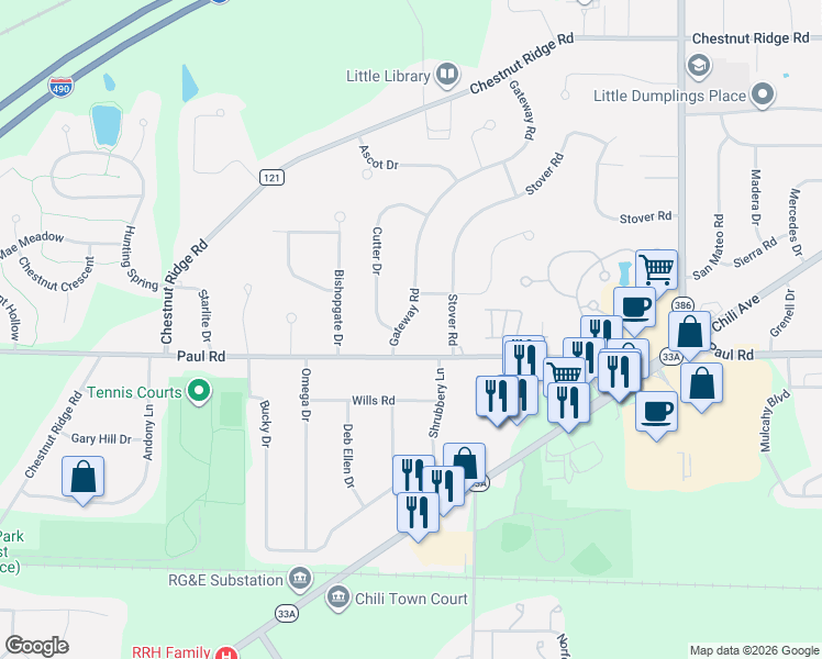 map of restaurants, bars, coffee shops, grocery stores, and more near 2 Wethersfield Road in Rochester