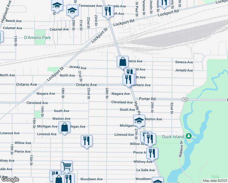map of restaurants, bars, coffee shops, grocery stores, and more near 2435 Ontario Avenue in Niagara Falls