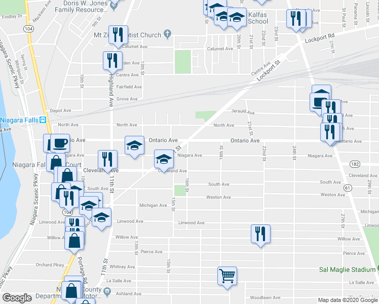 map of restaurants, bars, coffee shops, grocery stores, and more near 1601 Ontario Avenue in Niagara Falls