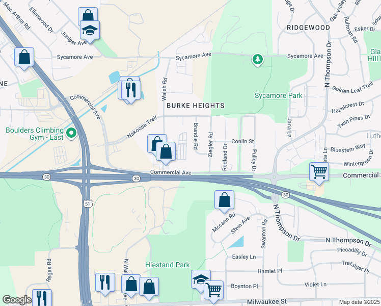 map of restaurants, bars, coffee shops, grocery stores, and more near 727 Brandie Road in Madison