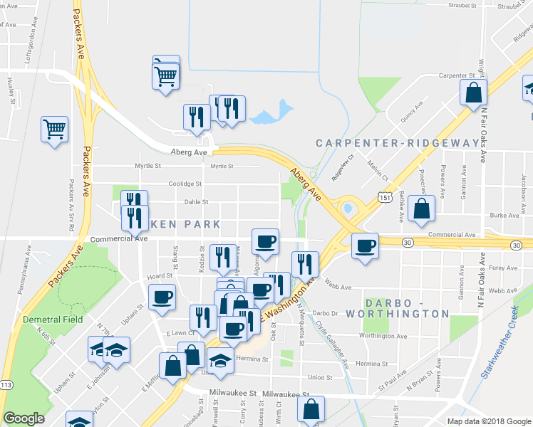 map of restaurants, bars, coffee shops, grocery stores, and more near 2848 Dahle Street in Madison