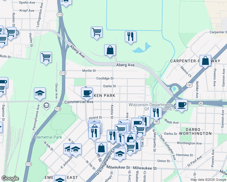 map of restaurants, bars, coffee shops, grocery stores, and more near 2634 Dahle Street in Madison