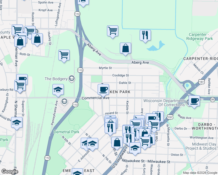 map of restaurants, bars, coffee shops, grocery stores, and more near 2514 Dahle Street in Madison