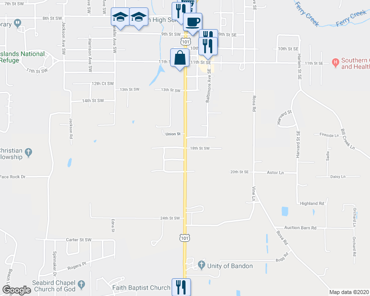 map of restaurants, bars, coffee shops, grocery stores, and more near 18th Street Southwest in Bandon