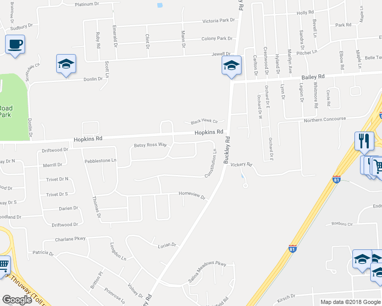 map of restaurants, bars, coffee shops, grocery stores, and more near 5096 Minuteman Lane in Liverpool