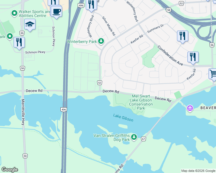 map of restaurants, bars, coffee shops, grocery stores, and more near 1970 Decew Road in Thorold