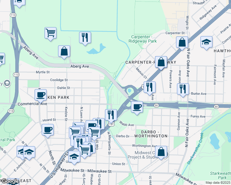 map of restaurants, bars, coffee shops, grocery stores, and more near 713 McCormick Avenue in Madison