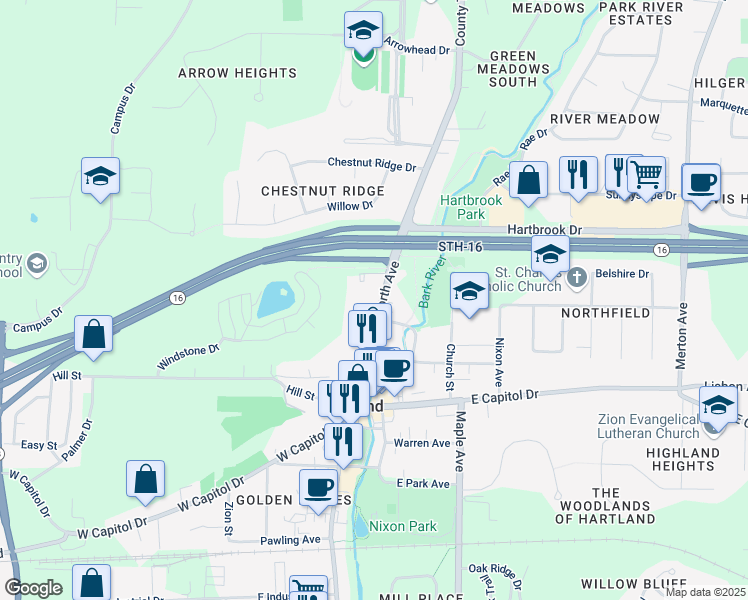 map of restaurants, bars, coffee shops, grocery stores, and more near 327 North Avenue in Hartland