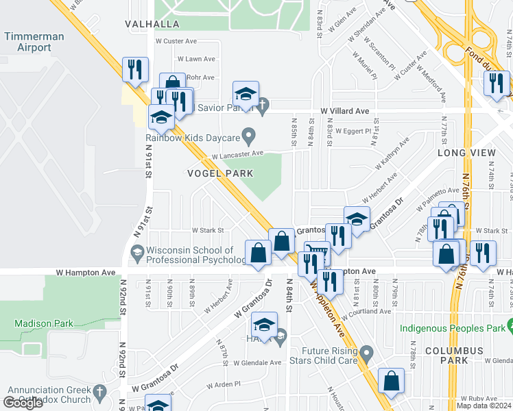 map of restaurants, bars, coffee shops, grocery stores, and more near 8598 West Appleton Avenue in Milwaukee