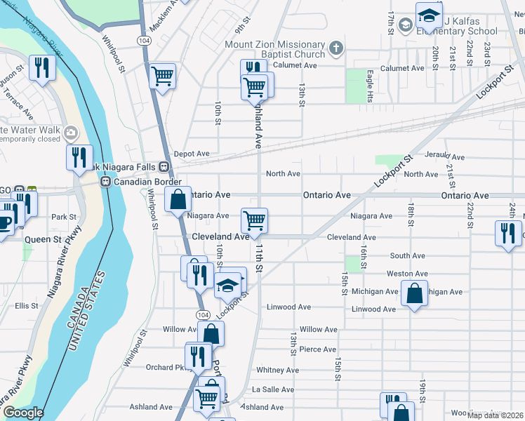 map of restaurants, bars, coffee shops, grocery stores, and more near 1113 Ontario Avenue in Niagara Falls